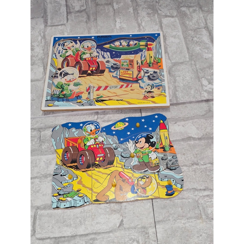 Vintage Playskool Wood Puzzle‎ Disney Moon Adventure Mickey Donald Goofy Pluto
